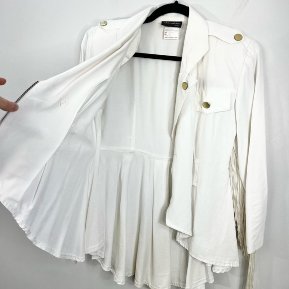 Vtg 80s 90s white power shoulder fringe sleeve military western peplum jacket 3 - Picture 8 of 17